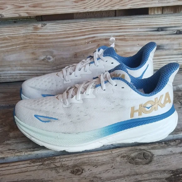 Hoka Clifton 9 White and Blue Sneakers with Gold Logo - Picture 10 of 14